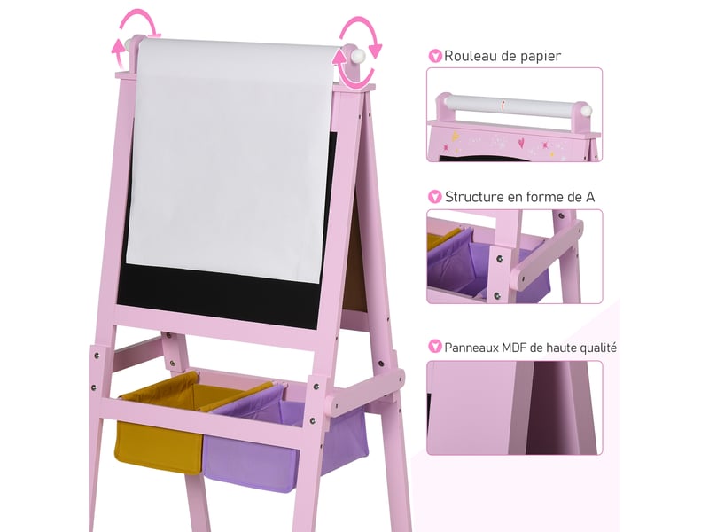 3 en 1 tableau enfant - chevalet enfant - ardoise double face - tableau blanc tableau à craie - rouleau papier avec accessoires + paniers rangement intégrés - mdf rose - Conforama W