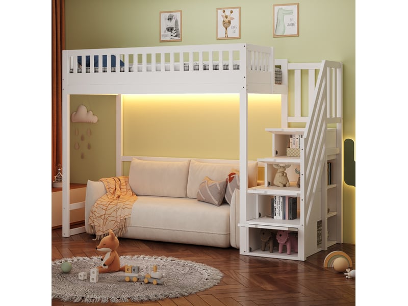 Lit mezzanine, 90x200 cm, escalier de rangement, barrière, lit enfant avec led, matelas non inclus, bois, coloris blanc - Conforama B