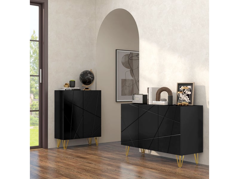  Buffet salon, meuble de rangement à haut brillance, 120x40x75cm, 3 portes à fermeture douce et étagères réglables, noir  - Conforama D