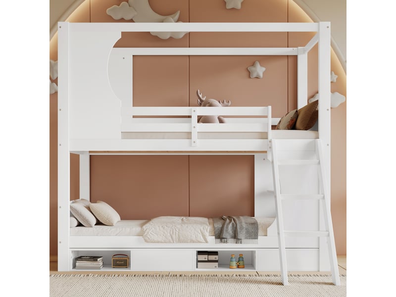Lit superposé enfant 90x200 cm avec 2 bureaux et meuble à chaussures 4 compartiments, bois, blanc,sans matelas - Conforama B