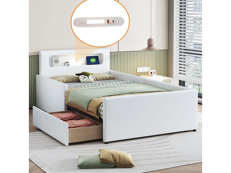  Lit avec tiroirs 90x200, tiroirs spacieux lit une personne, veilleuse, ports usb, sécurité enfants, revêtement cuir synthétique  - Conforama E