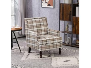 Fauteuil d'appoint 69x69x89 cm, dossier à rayures, confort, structure en bois, pour salon, coton, lin, marron et blanc