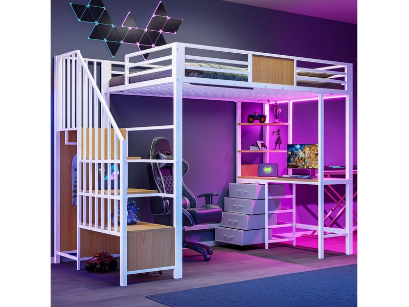  Lit mezzanine 90x200 cm avec bureau, rangements, led et prise, en métal blanc  - Conforama B