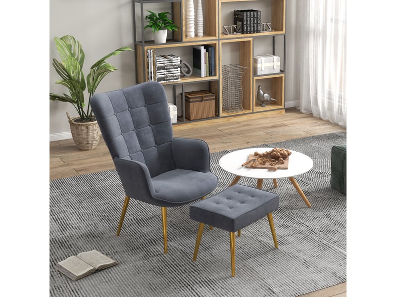  Fauteuil de salon, fauteuil avec repose pied, velours (100% polyester), 77x71x99cm, gris foncé  - Conforama D