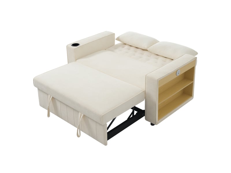 Canapé-lit multifonction lora beige avec rangement, porte-gobelet, usb, coussins et fonction couchage - Conforama E
