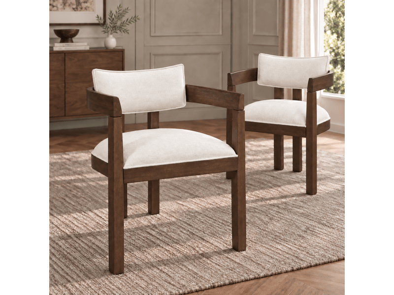  Lot de 2 chaises de salle à manger avec accoudoirs, bois massif coloris noyer et revêtement en lin, style classique  - Conforama B
