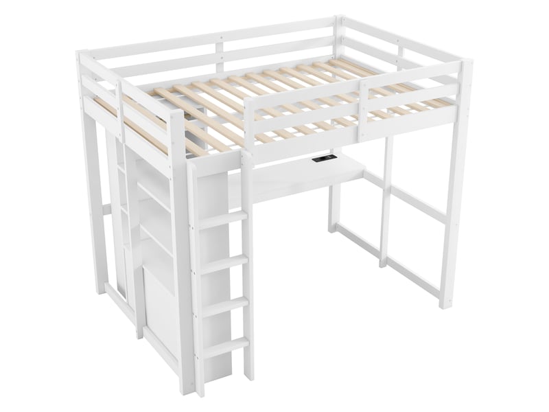  Lit mezzanine 140x200 cm blanc, bureau intégré, éclairage led, tiroirs de rangement, placard et penderie, étagères intégrées, style chaleureux  - Conforama D