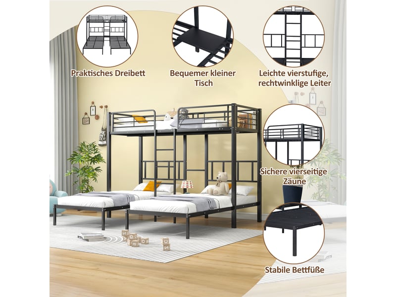  Lit triple superposé 90x200cm*3, structure métal noir, échelle, protection antichute et table intégrée  - Conforama E