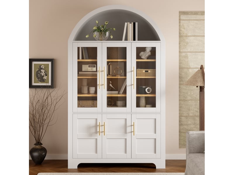  Buffet haut 110x40x185 cm, niche ouverte en arche, 3 portes vitrées, panneau de particules et mdf, blanc  - Conforama B