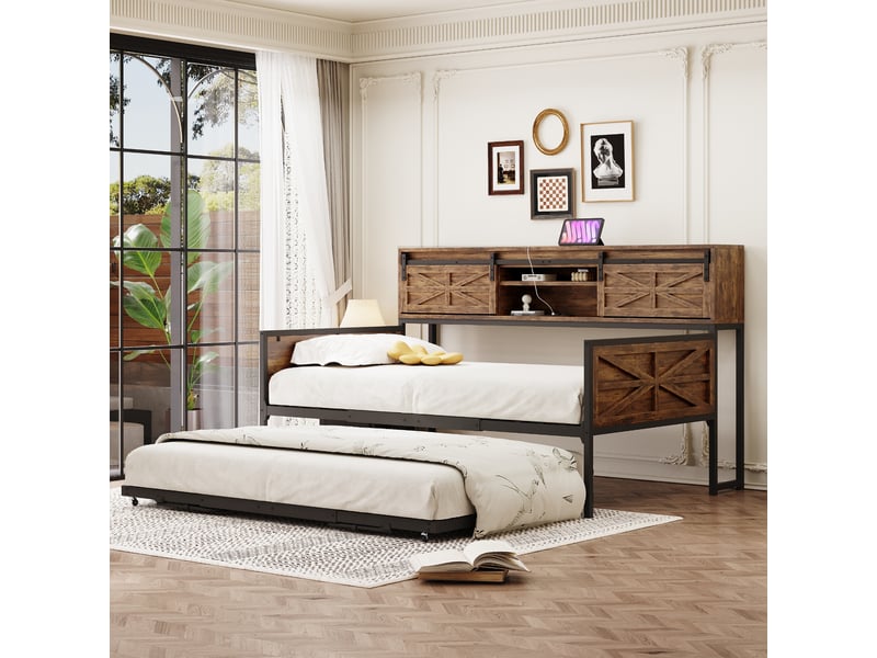 Lit gigogne 90x200 cm avec multiples compartiments de rangement - canapé-lit en fer - noir + marron - sans matelas  - Conforama B