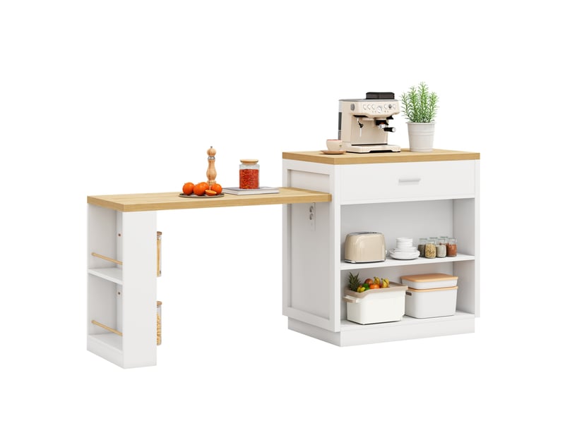  Îlot de cuisine avec table extensible 4-6 personnes, prises, 2 tiroirs et étagères  - Conforama D