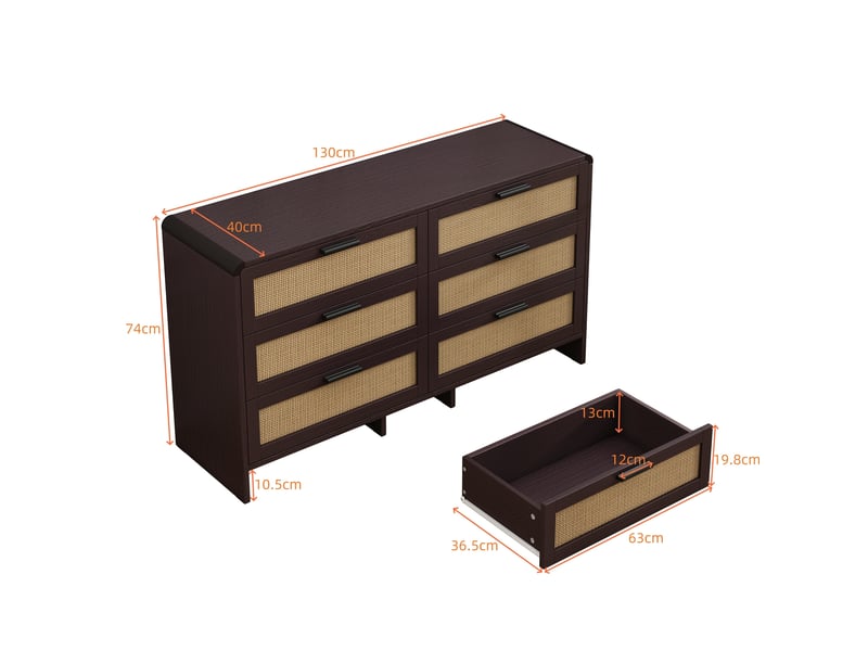  Commode 6 tiroirs en rotin de 130 cm, forme arrondie, ​​pour salon, chambre et cuisine – coloris brun-rouge  - Conforama C