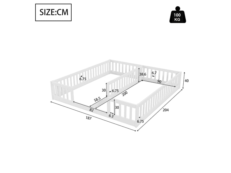 Lit enfant au sol avec barrières 2 x 90 x 200 cm blanc - Conforama E