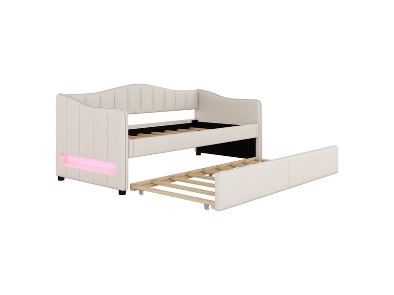  Lit gigogne 90x200 banquette lit en lin beige avec éclairage led app  - Conforama E