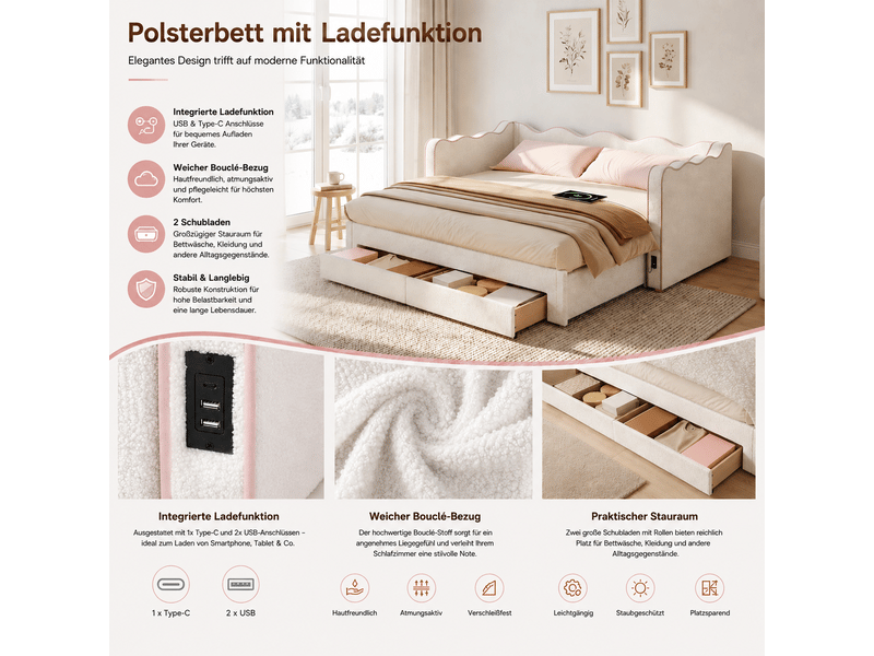  Canapé-lit 90x200 cm, lit enfant, couchage d'appoint, 2 tiroirs, extensible, port usb, tissu bouclé beige  - Conforama R
