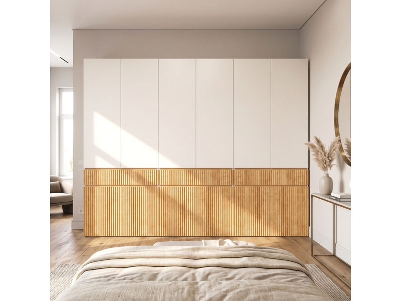 Armoire 12 portes 270x50x202 cm, 3 penderies, 3 tiroirs, mdf et panneaux de particules, chêne clair et gris - Conforama B