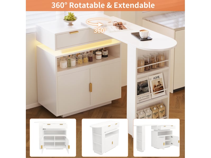  Console extensible avec rangements, étagères réglables, led et plateau pivotant pour cuisine et salle à manger, blanc  - Conforama E