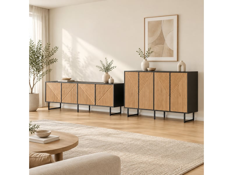  Lot de 2 meubles de salon : meuble tv et buffet 4 portes couleur bois naturel et noir  - Conforama D