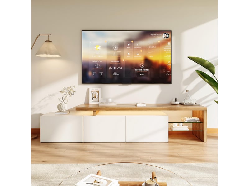  Meuble tv led - 200x39x42cm - design moderne - avec rangement, étagères verre &amp; éclairage multicolore - blanc et bois  - Conforama B