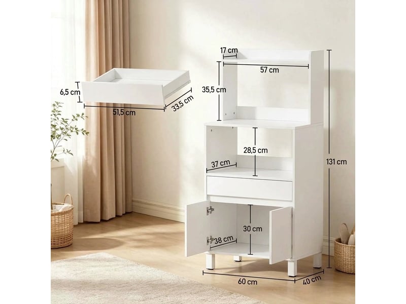  Buffet de cuisine blanc 60 cm avec tiroir, portes et étagères ouvertes, meuble micro-ondes  - Conforama C