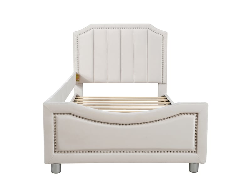  Lit enfant 90x200 capitonné beige - banquette lit avec dossier flanelle - sommier inclus  - Conforama A