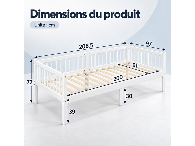  Lit de repos 90 x 200 cm en pin avec barrières 3 côtés, 14 lattes, finition naturelle  - Conforama C