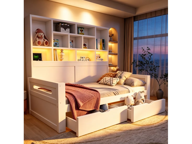  Lit 90x200 cm avec rangement, led et prises, blanc  - Conforama B