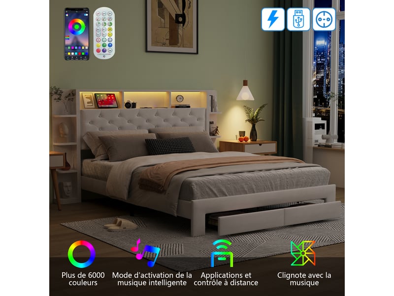 Lit 160 x 200,lit adulte led ,2 tiroirs ,usb, lit double capitonné 160 x 200 avec tête de lit de rangement ,velours blanc - Conforama E