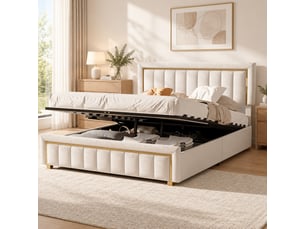 Lit coffre 140x190, lit 2 places avec rangement hydraulique, tête de lit et sommier à lattes, velours beige