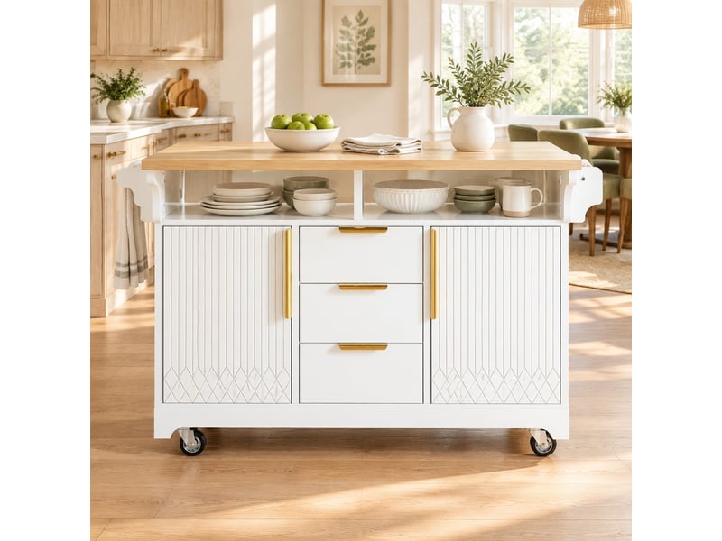 Desserte 120x40x95 cm extensible à roulettes, 3 tiroirs et 2 portes, blanc et chêne - Conforama B