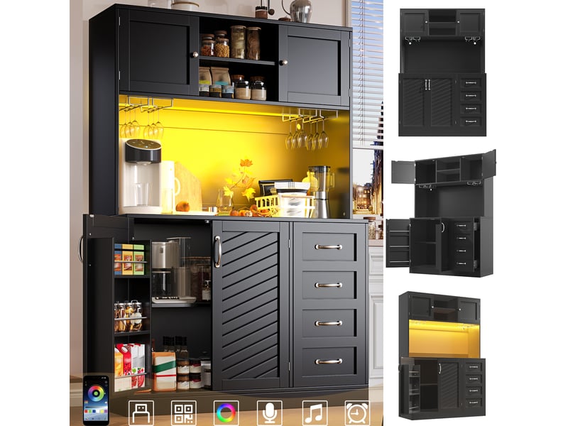  Buffet haut modenvie 120 x 40 x 188 cm led 4 portes 2 grands tiroirs mdf noir  - Conforama D