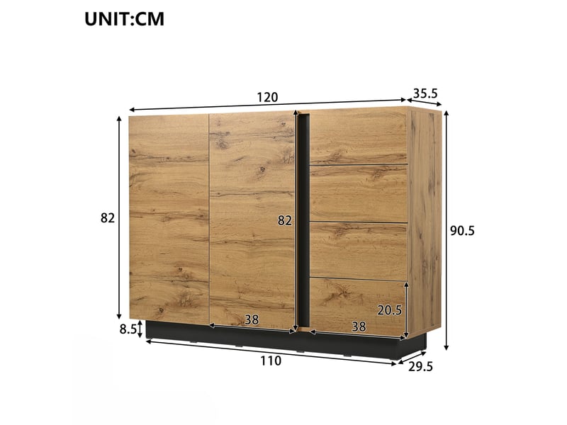  Buffet 120x35.5x90.5 cm, meuble bas avec 4 tiroirs et 2 portes, charge max 50 kg, pieds 8 cm, design moderne noir et bois  - Conforama C