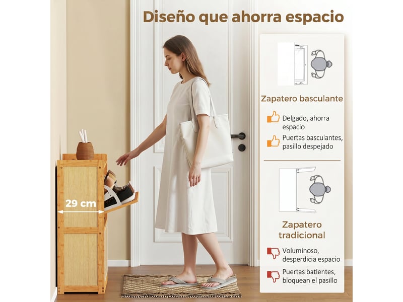  Étagère à chaussures étroite en bambou avec 2 tiroirs rabattables en rotin pour 12 à 14 paires de chaussures, 69 x 29 x 83 cm, naturel  - Conforama E