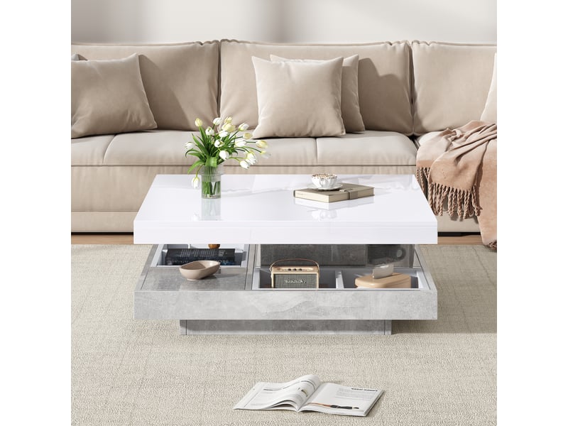  Table basse double plateau rotative 360° blanche brillante effet marbre avec rangement 70x70cm  - Conforama W