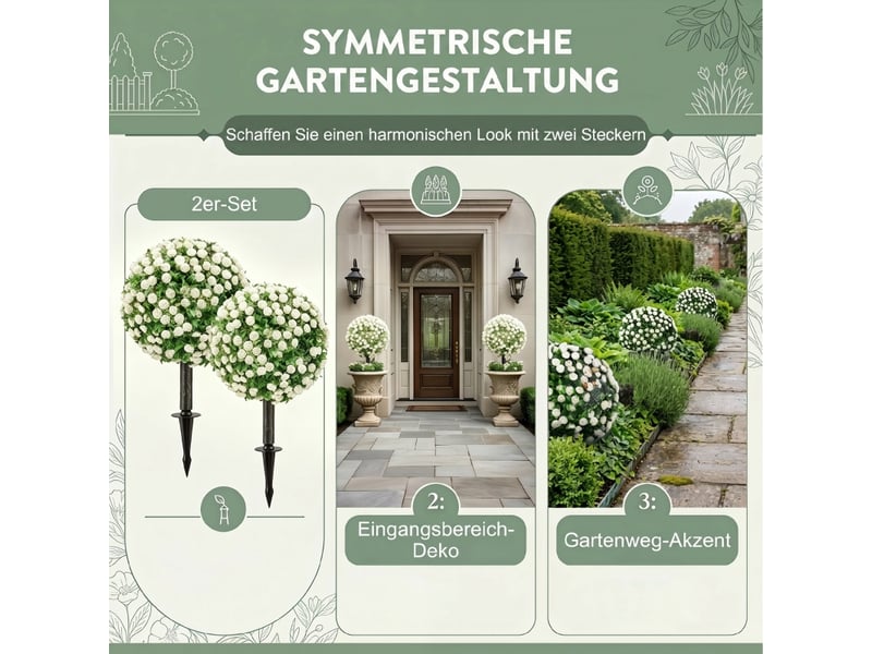  Décoration extérieure avec 2 boules de roses artificielles en polyéthylène, piquets, pour terrasse et jardin, blanche  - Conforama E
