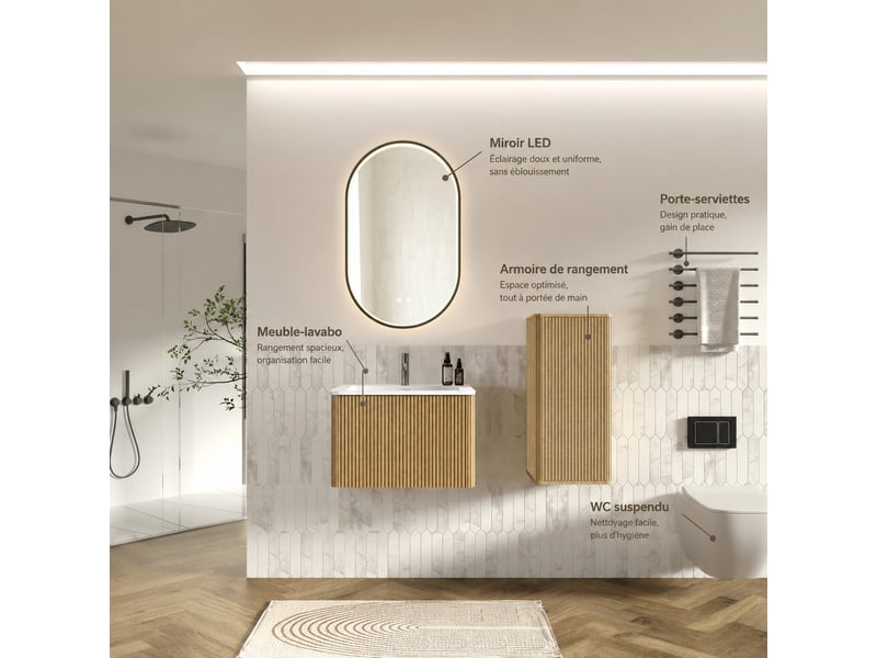  Ensemble meuble vasque suspendu 60 cm avec vasque et miroir led, finition chêne  - Conforama E