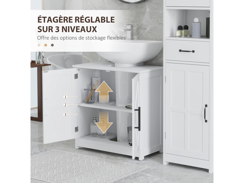  Meuble sous lavabo, meuble de salle de bain avec 2 portes magnétiques style grange et étagères, 60 x 30 x 60 cm, blanc  - Conforama R