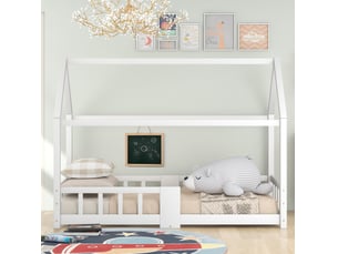 Lit enfant maison 90 x 200 cm en bois blanc, avec tableau, 15 lattes et barrière de sécurité