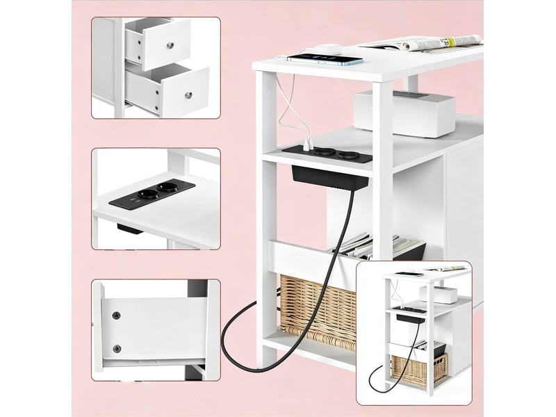  Table d’appoint rectangulaire 60x30x60 cm avec prises et tiroirs en bois blanc  - Conforama D