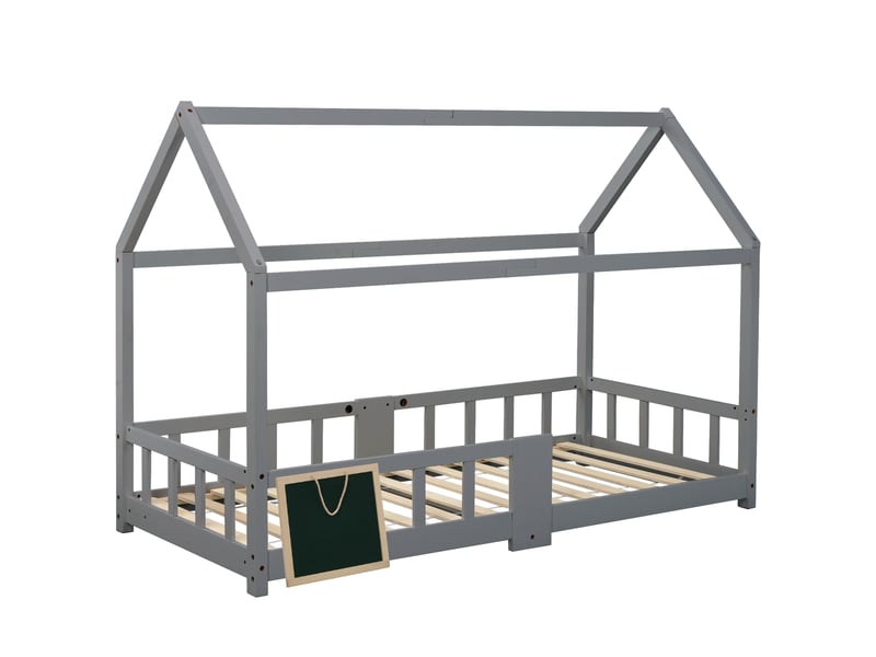 Lit enfant 90x200 cm pin gris – tableau et barrière de sécurité, sommier inclus – sans matelas - Conforama A