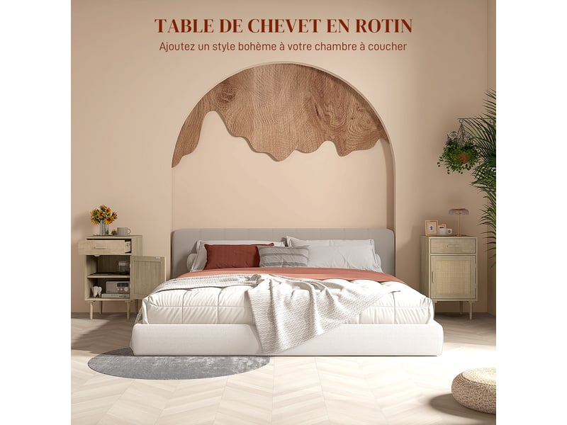  Lot de 2 tables de chevet avec placard et étagère porte rotin tissé 1 tiroir design bohème - naturel 40 x 40 x 68,5 cm  - Conforama A