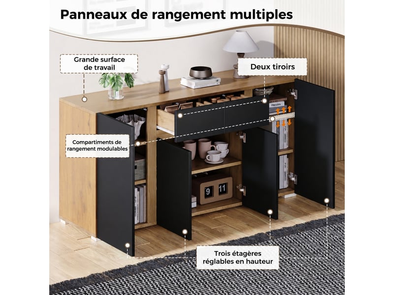  Buffet moderne noir et bois, 4 portes, 2 tiroirs, étagères réglables, 140 cm, noir et bois naturel  - Conforama E