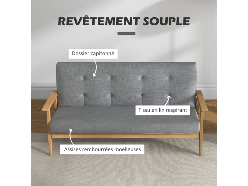  Canapé 3 places 154,5, canapé scandinave avec dossier capitonné, gris, assise rembourrée et accoudoirs  - Conforama A