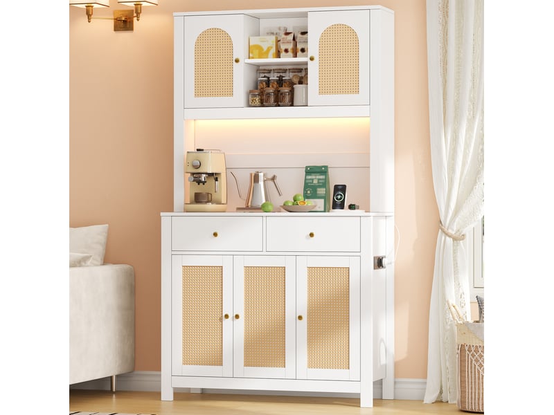  Buffet de cuisine 100x40x180 cm avec led rgb, portes en rotin, blanc  - Conforama E