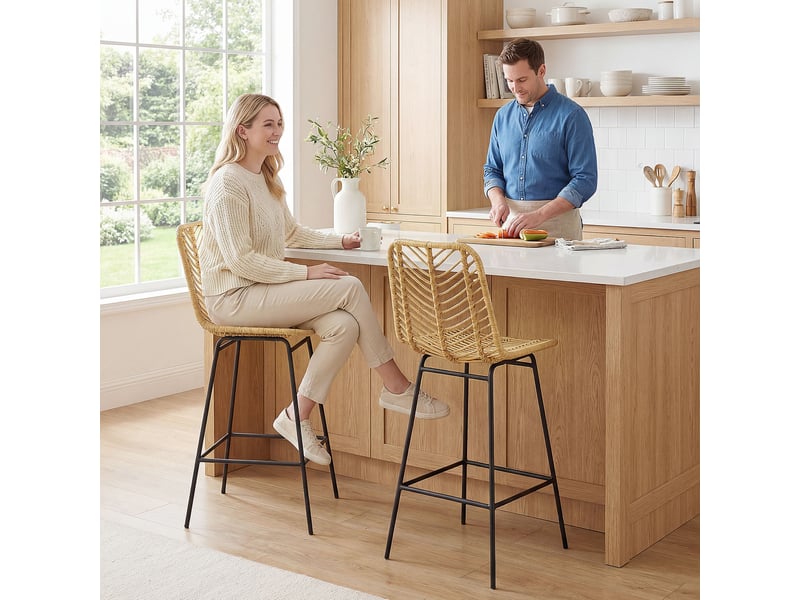  Lot de 2 tabourets de bar design bohème hauteur 66 cm avec repose-pieds métal et rotin pe - naturel  - Conforama D