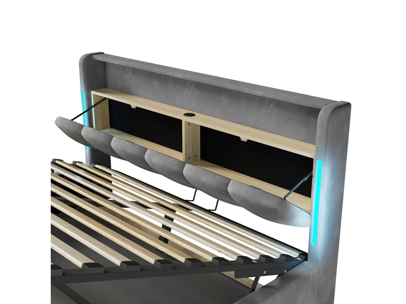  Lit capitonné, 180 x 200 cm, éclairage led, tête de lit avec compartiment de rangement, sans matelas, sommier coffre hydraulique, ports usb et type-c, velours  - Conforama D