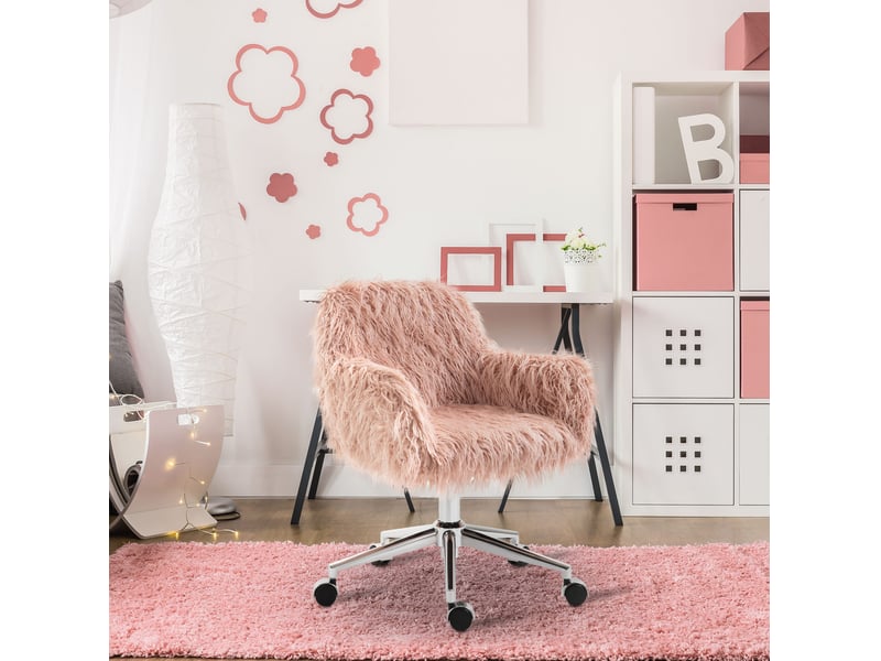  Chaise de bureau réglable rose en fausse fourrure, base métal argenté et roulettes 360°, confortable au quotidien  - Conforama B