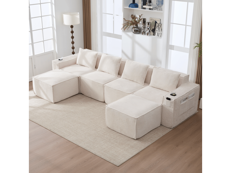  Canapé modulaire 4 places en velours côtelé beige avec 2 poufs, ressorts et mousse haute densité, rangement et porte-gobelets  - Conforama C