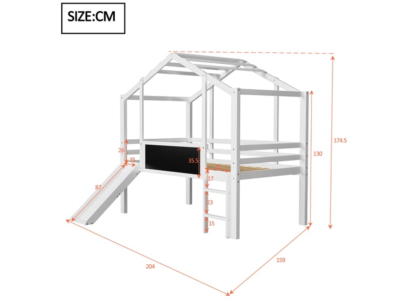  Lit mezzanine enfant 90 x 200 cm avec toboggan, échelle, tableau et toit blanc  - Conforama C