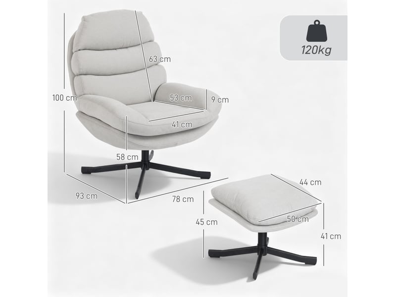  Fauteuil relax pivotant avec pouf, dossier haut et assise large, style moderne en tissu chenille crème  - Conforama C